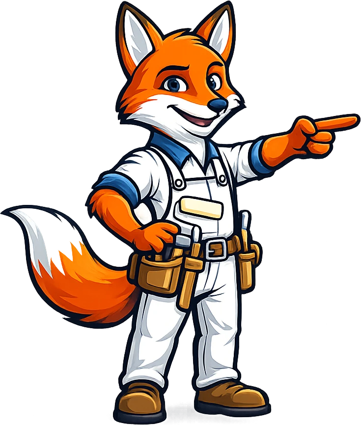 The Foggy Fox Painters mascot — a fox in painter’s whites with a tool belt, pointing at the quote form